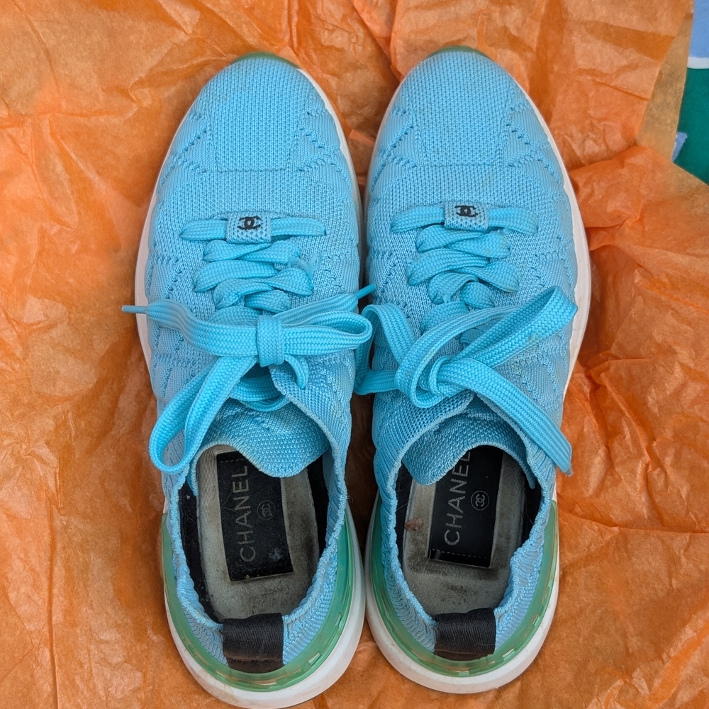 CHANEL Sky Blue Knit Lace-Up Sneakers